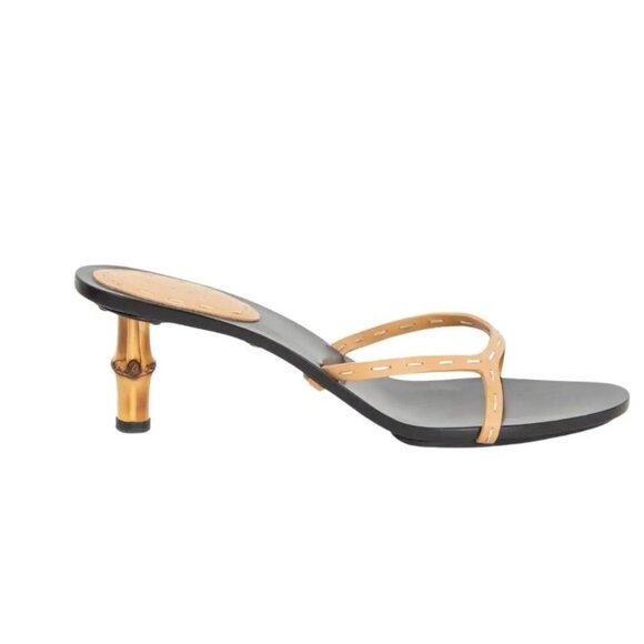 Gucci x Tom Ford Collection Tan Black Leather Bamboo Open Toe Slide Heels Size 9 - Picture 1 of 9
